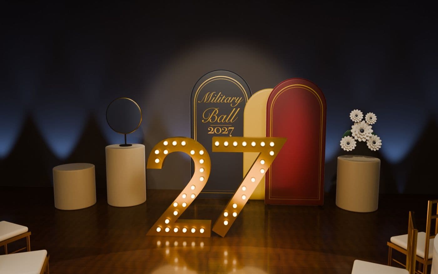 A lit 27 in marquee letters before a navy, gold and red arch backdrop, rendered from our kit